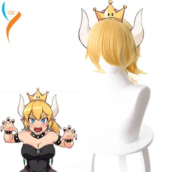

New Fashiion Princess Bowsette Cosplay Wig Gold Pigtail Super Mario Peach Koopa Bowser Role Playing Adult Synthetic Hair