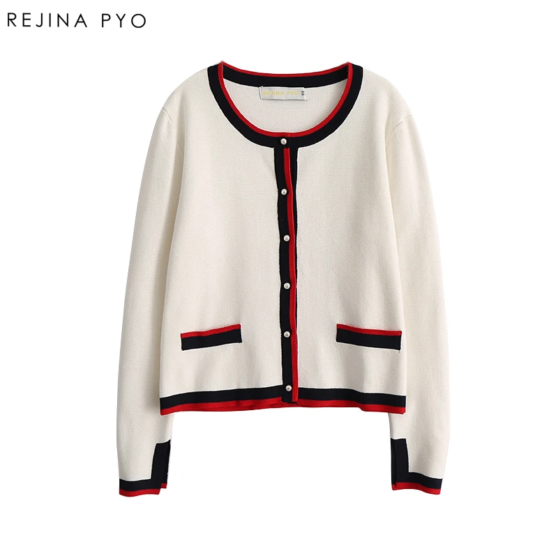 

REJINAPYO 2019 Spring New Arrival Women Chic Cardigans Pearl Decoration Buttons Knitted Open Stitch Color Hit Casual Outerwear