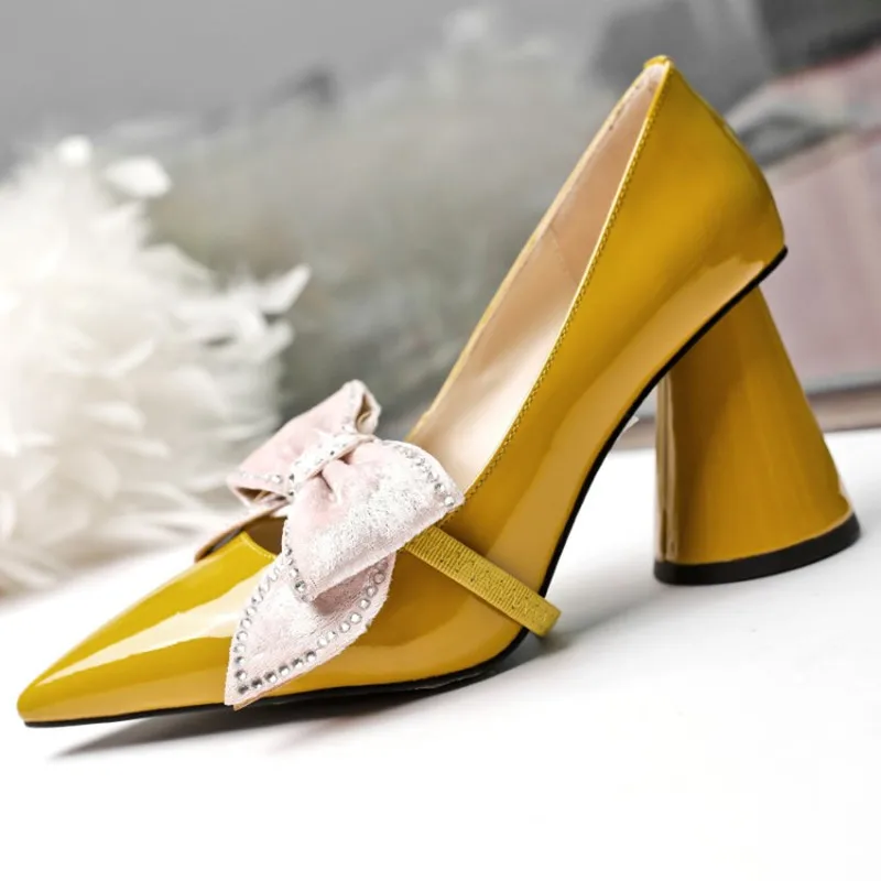 MStacchi Spring New Fashion Patent Leather Women Pumps Super High Heels Pointed Toe Slip-On Sweet Bowtie Party Shoes Women Shoes