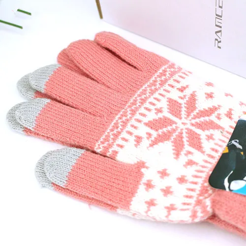 Теплые женские зимние перчатки шерстяные перчатки с вязанными запястьями женские и мужские снежинки узор полный палец перчатки унисекс варежки