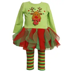 Мода туту топ и красный зеленый полосатый брюки рождество наряд девочка