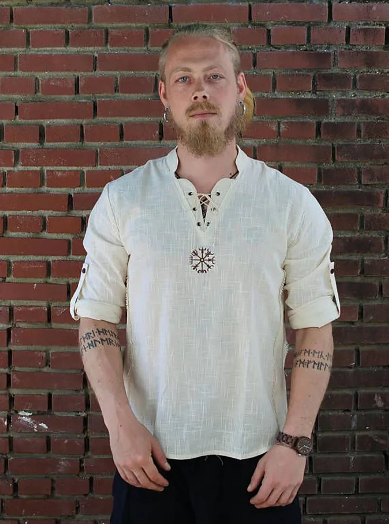 Medieval Viking Pirate Linen Top Shirt Costume Renaissance Mens Nordic Retro T-shirt Beard Cosplay Tee Lace-Up For Adult Belted