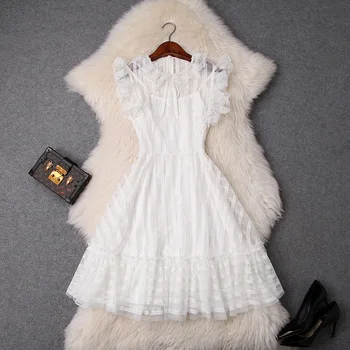 

White Dress Summer Women's Fashion 2019 New Lace Ruffled Round Neck Solid Color Perspective Mesh Dress + Sequined Slip Dress