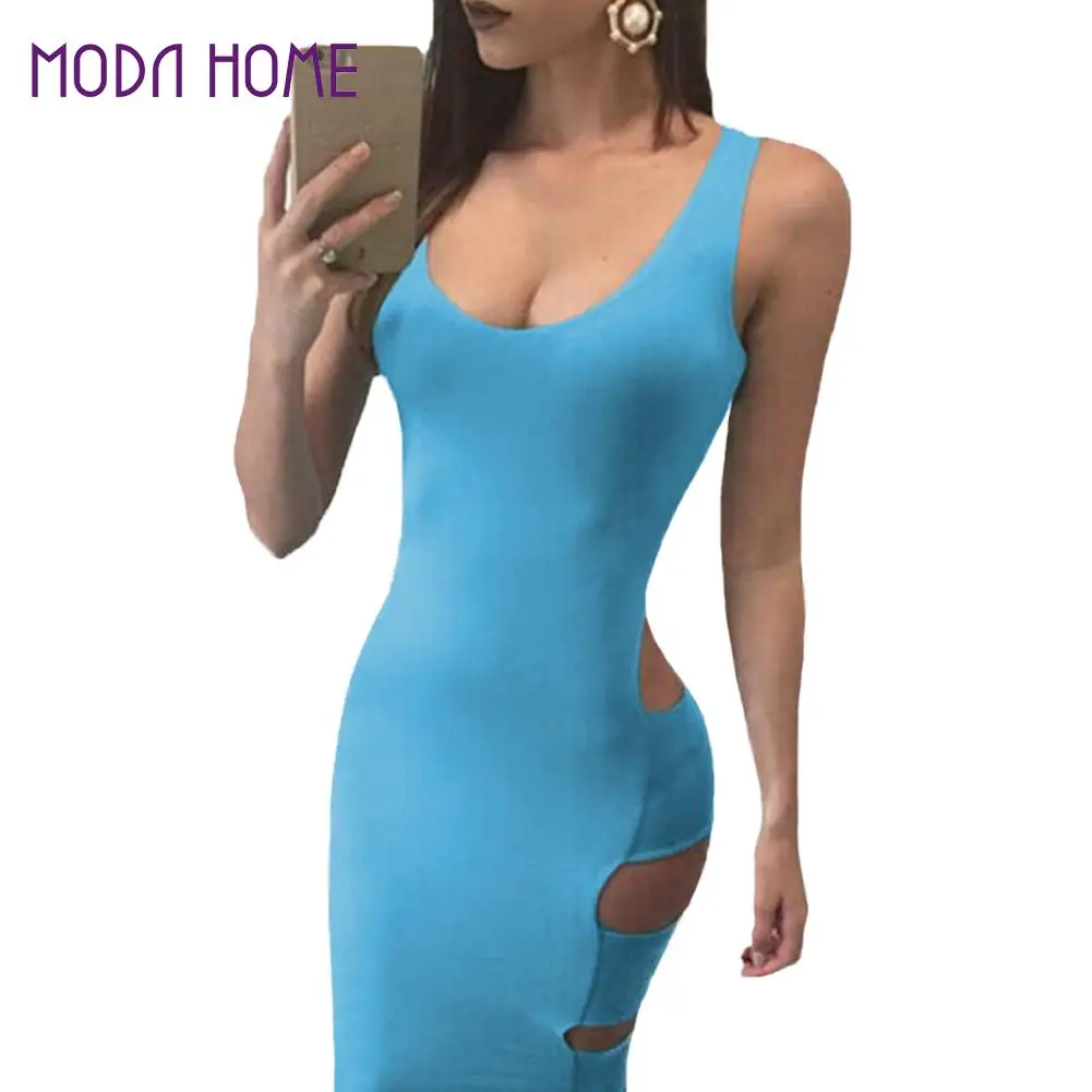 

2019 Summer New Women Bandage Dress Scoop Neck Low Cut at Back Sexy Party Dresses Sleeveless Side Cutouts Clubwear Light Blue