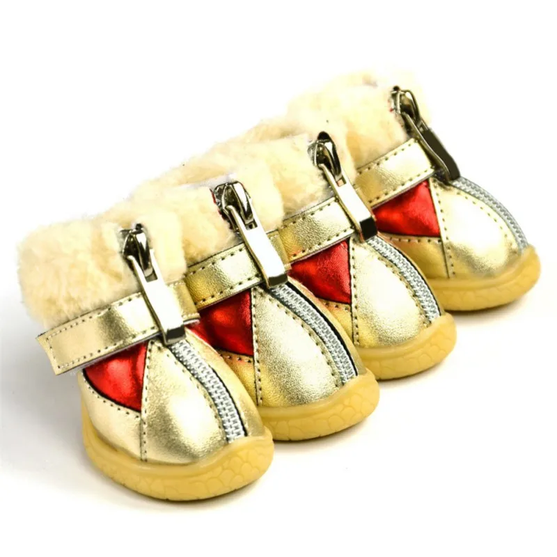 4 шт. Обувь для собак на толстом меху Нескользящие ботинки для домашних собак Водонепроницаемые зимние теплые ботинки для маленьких собак