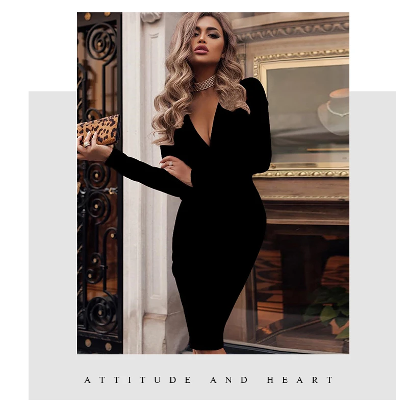 Autumn Sexy Dress Women Empire V Neck Sheath Long Sleeve Knee Length Bodycon Dresses Plus Size Woman Party Vestidos Mujer 2018 (19)