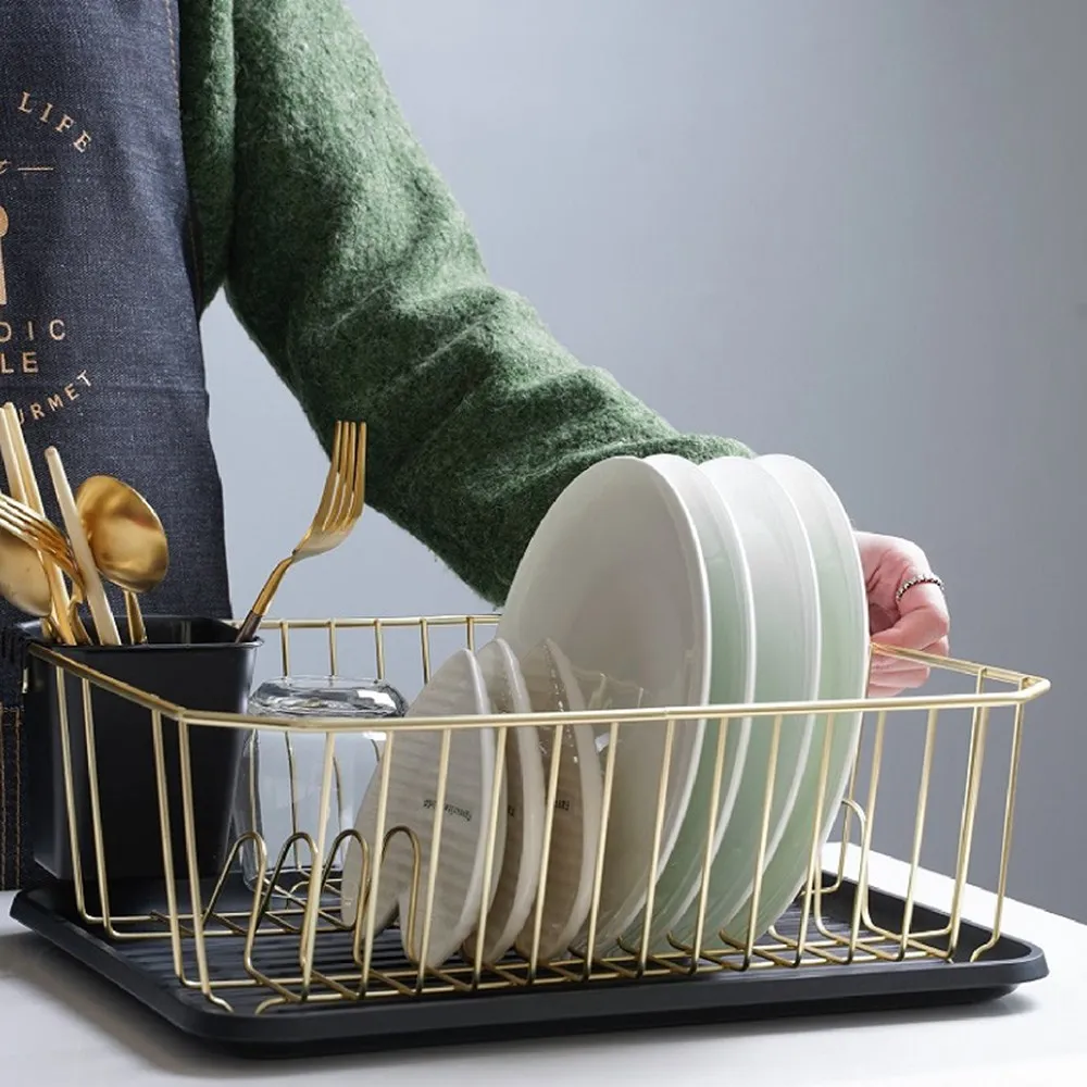 الفولاذ المقاوم للصدأ طبق تجفيف تجفيف رف مع حوض غمس الذهب سلك السكاكين طبق حامل رفوف حامل الرف أواني المطبخ تخزين