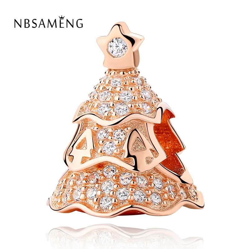 

Authentic 925 Sterling Silver Bead Rose Gold Tree Twinkling Christmas Pendant Charm Fit Original Pandora Bracelet DIY Jewelry