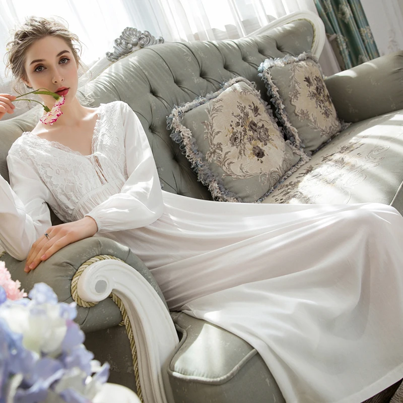 

2019 Summer Cute Long-sleeved Cotton Ladies Nightdress Lace Sweet Loose Large Size Home Service Long Nightgown For Women