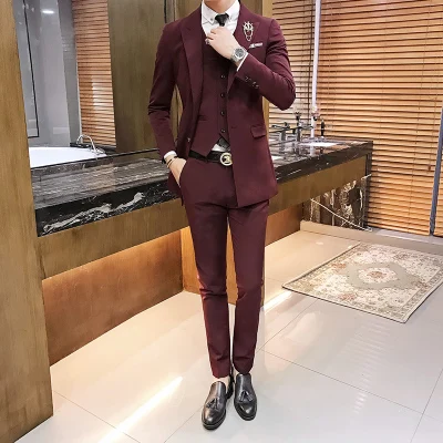 Куртка+ жилет+ брюки) Осень-Зима корейские облегающие мужские средней длины жениха свадебный костюм мужские, повседневные, деловые костюмы CSMS017 - Цвет: wine red