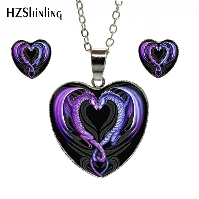 

HES-011 New Fashion Double Dragon Heart Necklace & Earrings Handmade Dragon Heart Jewelry Art Glass Cabochon Pendant Necklace
