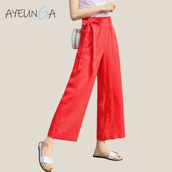 

Summer Casual Loose Wide Leg Pants Cotton Linen Lace Up Bow Office Pants Holiday Solid Elasticated Waist Wide Trousers For Women