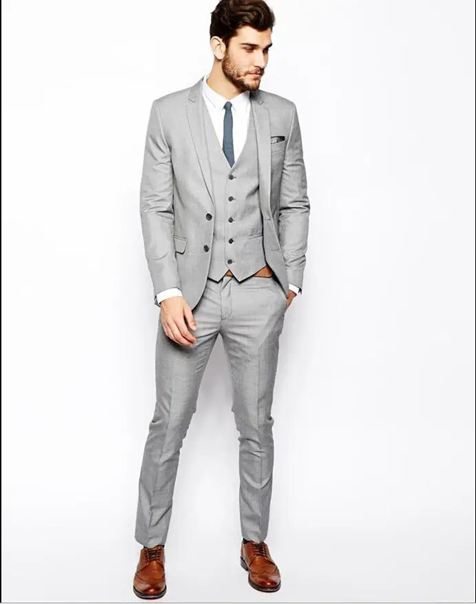 

(Jacket+Pant+Tie+Vest+Handkerchiefs) Light Gray Fashion Men Suits Custome Homme Tuxedos Terno Slim Fit Masculino Brand Clothing