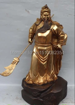 

19" Chinese Bronze Gilt Dragon Guan Gong Yu Warrior God Guangong Sword Statue