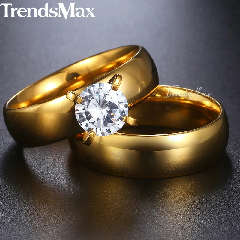 Trendsmax Mens Womens Wedding Ring Set Gold Silver Tone Stainless Steel CZ Stone Couple Promise Band Engagement Ring KKRM28