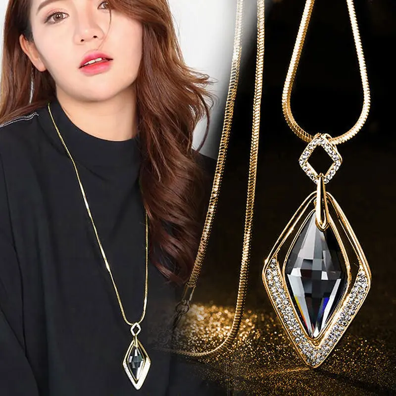 Модное Длинное Ожерелье серебряного цвета с большим геометрическим кристаллом, хорошее ювелирное изделие для женщин, цепочка для свитера - Окраска металла: X231G
