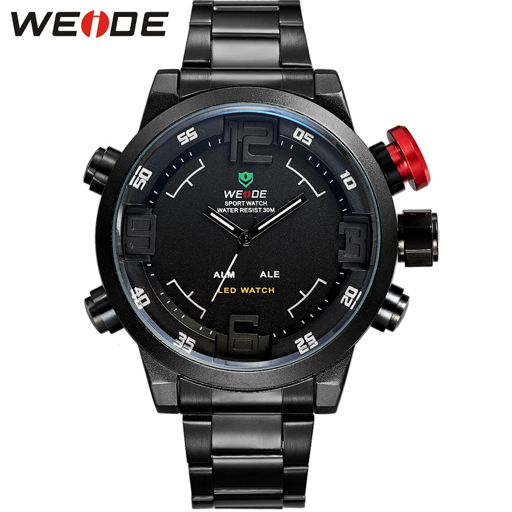 

Free Shipping WEIDE Brand Men's Watches Stainless Steel Band Analog LED Digital Dual Time Zone Male Quartz Military Sports Watch