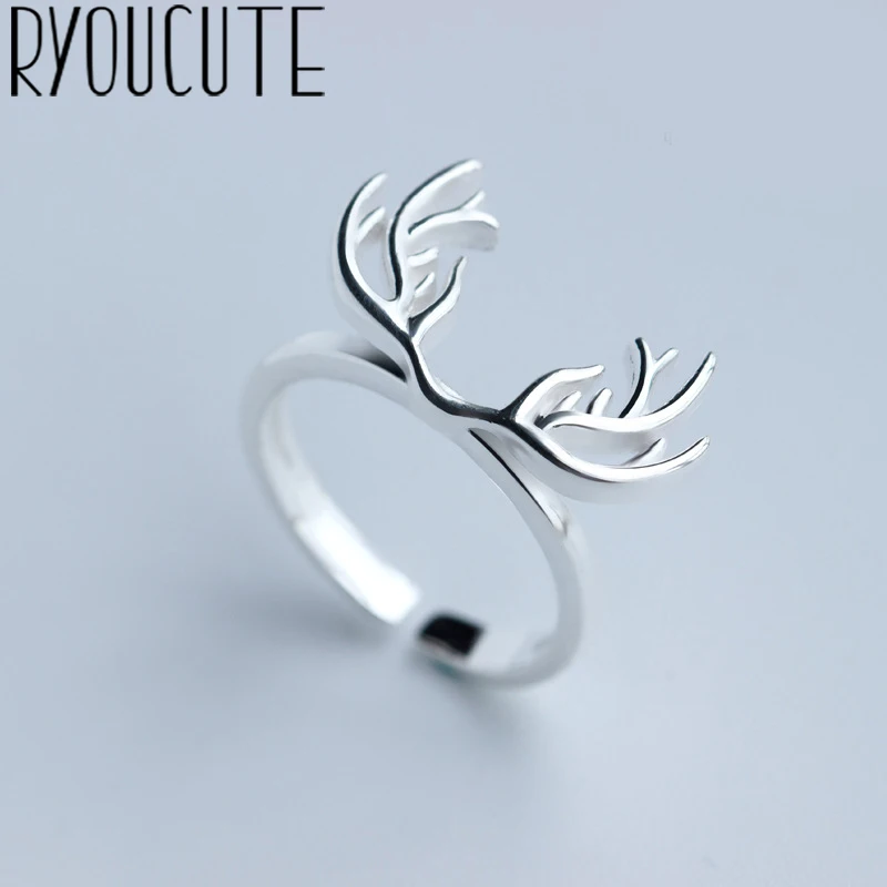 

RYOUCUTE 100% Real 925 Sterling Silver Exaggerated Personality Big Deer Antlers Rings for Women Statement Adjustable Finger Ring