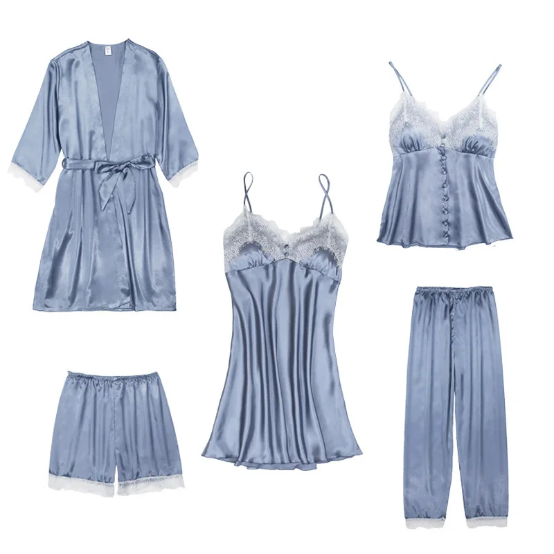 

Пижамные комплекты, женские пижамы, одежда для сна Feamale, 5 шт./компл., Camisole, женские халаты, женская ночная рубашка, babydolls, летние серые