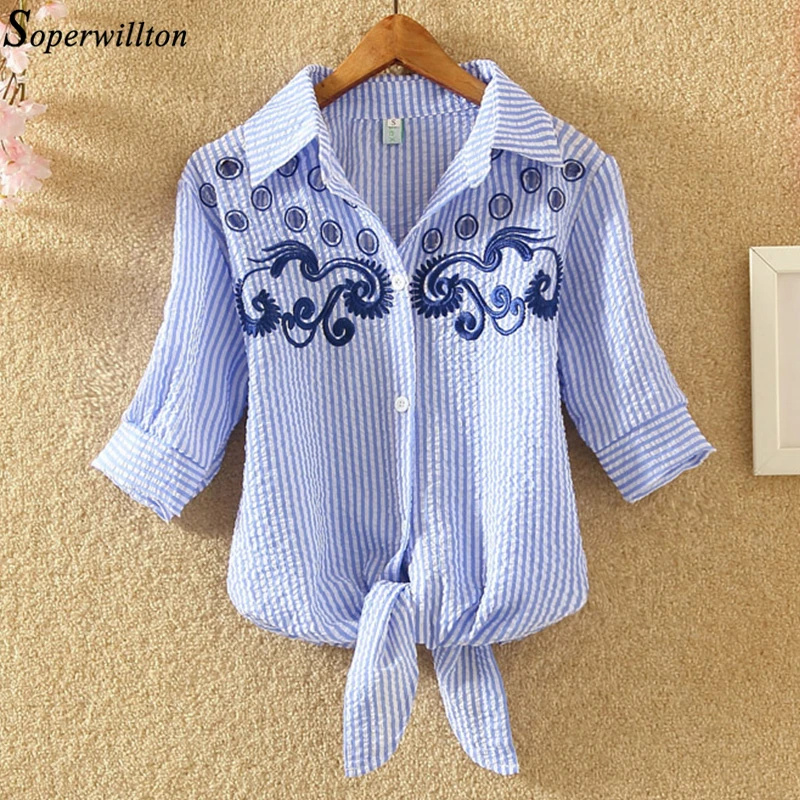 

New Brand Blouse Shirts Women Summer Tops Fashion Embroidery Short Sleeve Striped Female Shirts Lady Kimono Femininas Blusas C02
