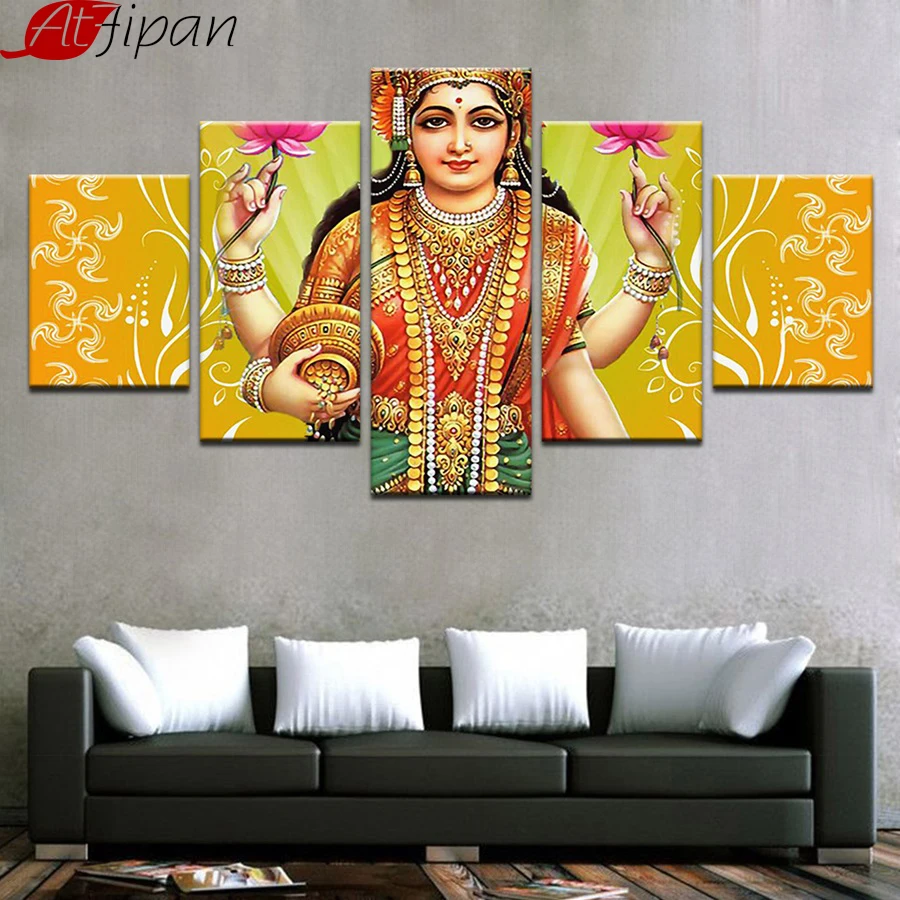 

AtFipan Framed 5 Pieces India Goddess Of Wealth Lakshmi Painting HD Printed Picture Canvas Living Room Wall Art Poster