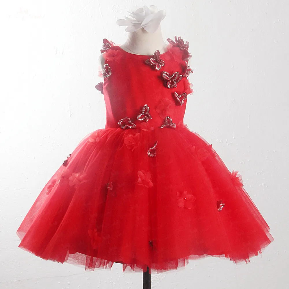 

LZC033 Yiaibridal Luxury Red Flower Girl Dresses Elegant Crystal Beading Butterfly Pageant Tulle Dress