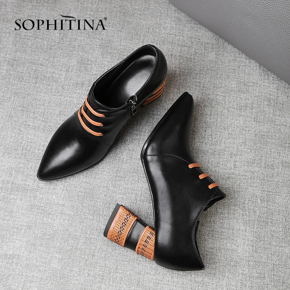 

SOPHITINA Basic Fashion Women's Pumps Zipper Cow Leather Pointed Toe Casual Square Heel Shoes Handmade Comfortable Pumps MO32
