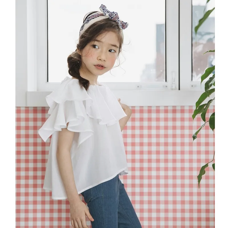 

2019 Summer Girls T-shirts Cotton O-neck Small Flying Sleeve Solid Tops Cute Sweet Casual Big Girls 14 15 Years Old T-shirt