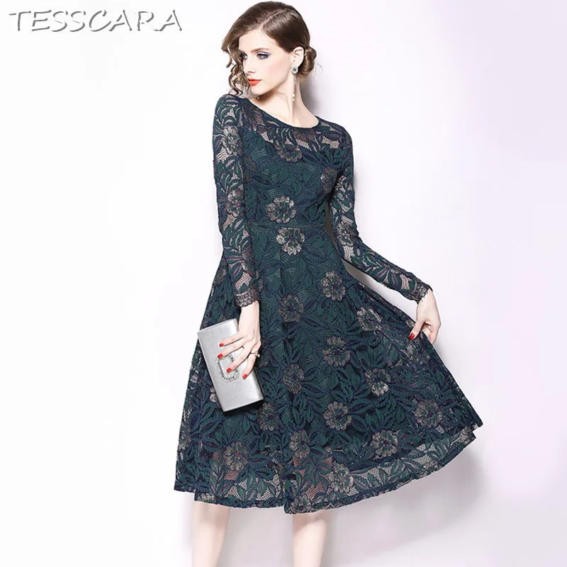 

TESSCARA Women Spring Elegant Lace Dress Festa Female High Quality Vintage Designer Vestidos Casual Long Office Party Robe Femme