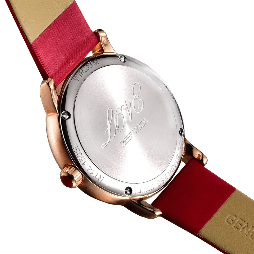 Reef Tiger/RT женские модные часы с бриллиантами, розовое золото, кожаный ремешок, Роскошные Кварцевые часы для женщин, Reloj Mujer RGA1563