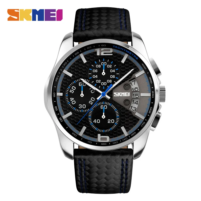 

SKMEI New Fashion Men Watches Analog Quartz Wristwatch Waterproof Chronograph Auto Date Leather Band Relogio Masculino 9106