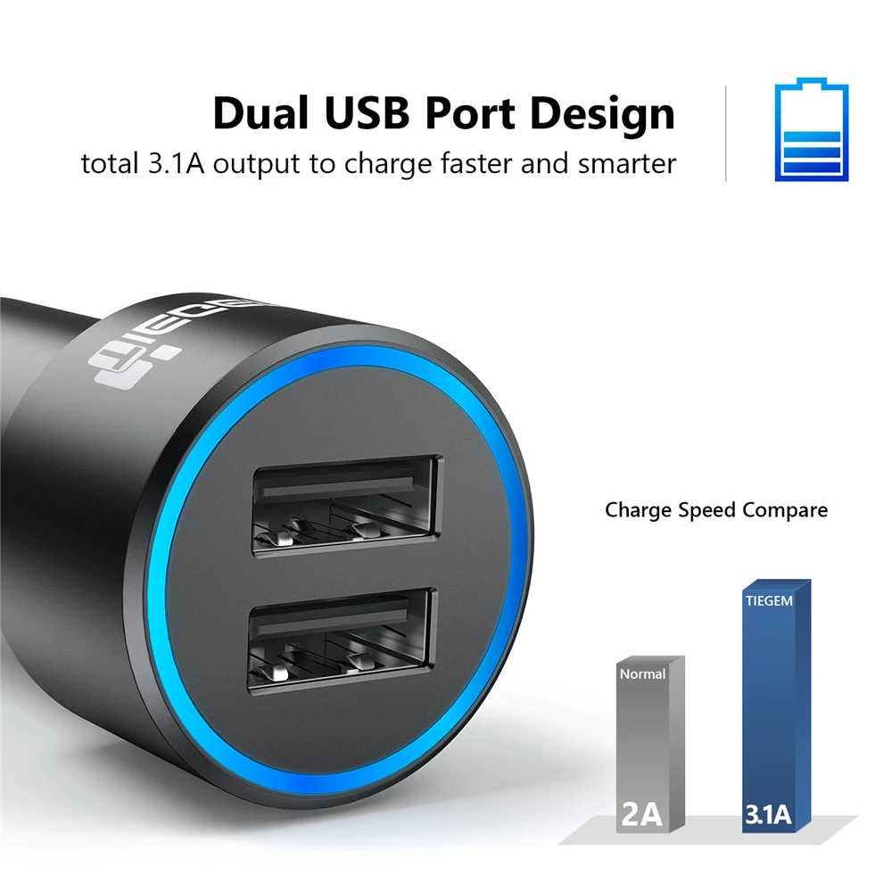 Tiegem двойное USB Автомобильное зарядное устройство 3.1A металлическое автомобильное зарядное устройство для мобильного телефона автомобильное USB зарядное устройство автоматическая зарядка 2 порта для samsung iPhone адаптер