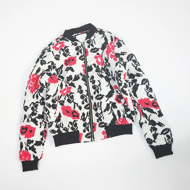 Spring red black floral print bomber jacket coat with zipper-in Basic ...