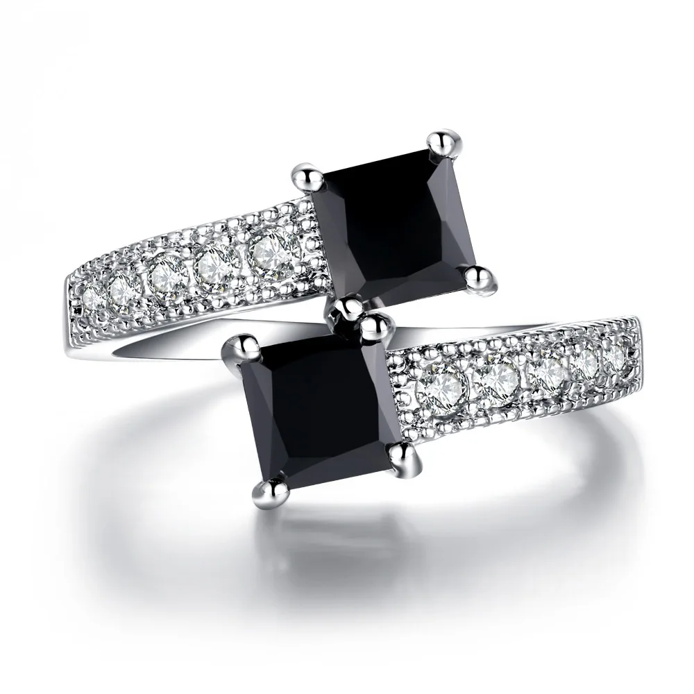 2018 New Arrival Fashion Silver Plated Two Black Square Zircon Stones