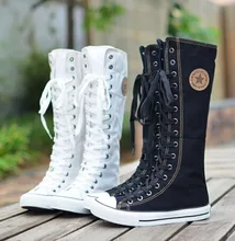 Venta caliente de la manera mujeres Botas Hasta La Rodilla de Alta Zapatos de Lona de la señora botas de moto, tamaño 35-43 Blanco/Negro 5A105