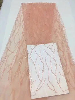 

Latest Nigeria Mesh Fabric with Sequins Peach Gold Lace Fabric 2019 Newest French Tulle Lace Fabric For Evening Party Dress