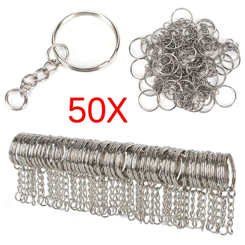 50 шт. полированный серебряный цвет 25 мм кольцо для ключей разделенное кольцо с короткой цепью кольца для женщин мужчин DIY аксессуары