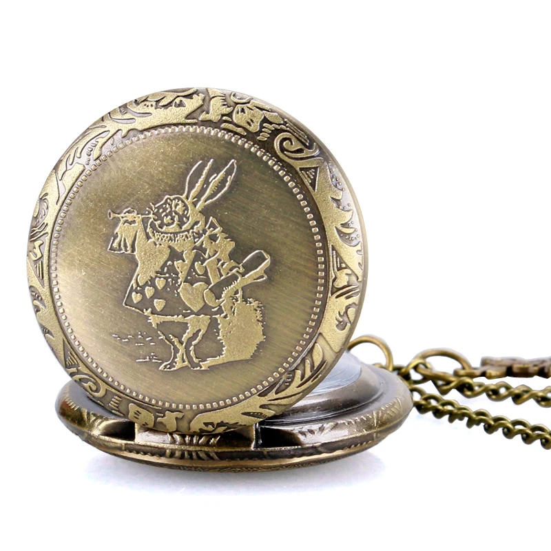Alice in Wonderland Necklace Fashion Bronze Chain Women Rabbit Drink Me Tag Quartz Pocket Watch Retro Vintage Cute Gift