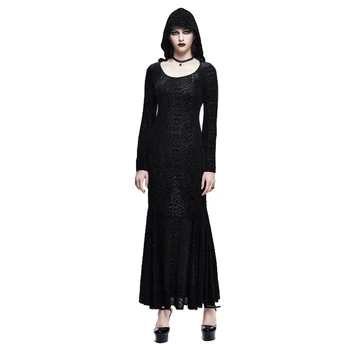 

Gothic Long Maxi Dress Punk Floral Printed Ladies Mermaid Dress Witch Priestess Black Sheath Hoodie Dress