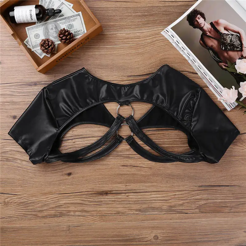 FEESHOW Black Faux Leather Harness Shoulder Bondage Belt Mens Half Tank Top Clubwear Male Stage Costume Crop Tops Chest Bdsm Men -Zentai shop online