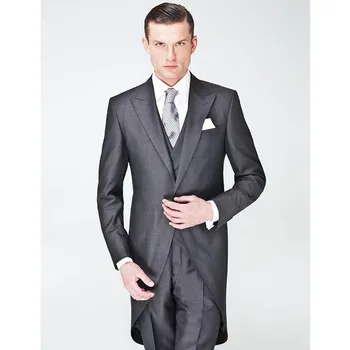 

High Quality Peaked Lapel Gray Men Suits Slim Fit Costume Homme Marriage Fashion Men Blazer Pants(Jacket+Pant+Tie+Vest)A213