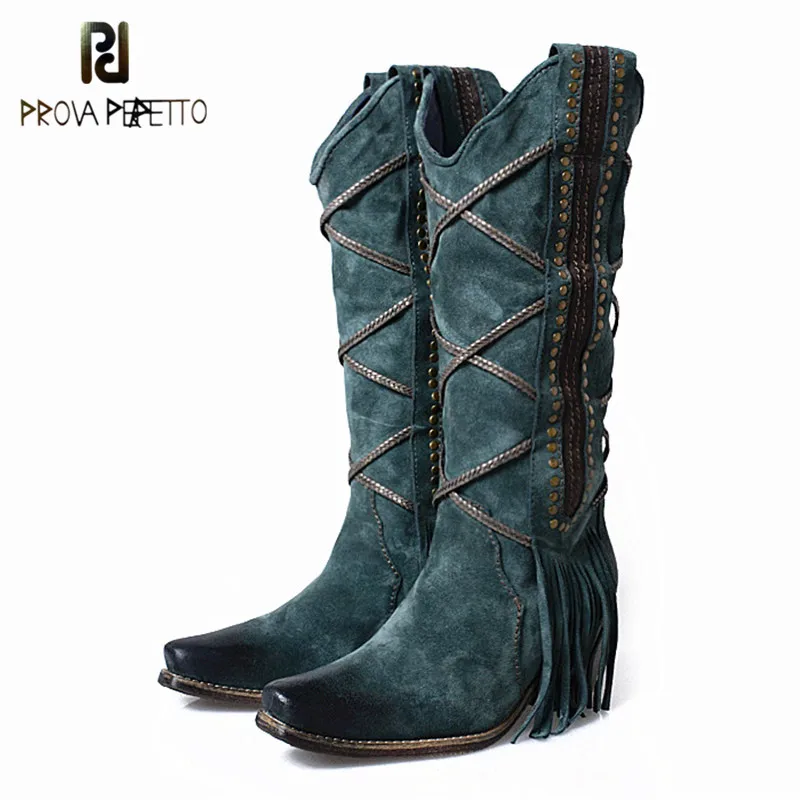 Estilo Moda Blue Square Toe Cremallera Botas Knight Magic Negro tied lado In blue Perfetto Mujer Prova Retro Fringe In Grace Design plush Cruz leather w5X6qU76px