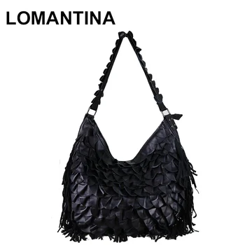 

LOMANTINA 2020 Fashion Elegant Women Leather Handbags Black Ruffles Fringe Brand Designers Handbag Tassel Classic Hobos