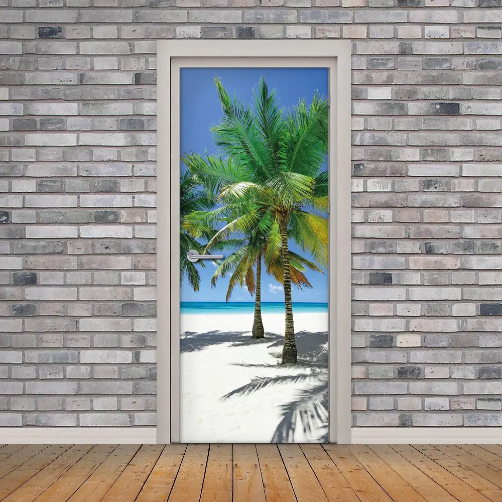 

3D Door Mural On The Palm Beach Door Sticker Wallpaper Wall Print Decal Wall Deco Wall Mural Photo self adhesive door wrap