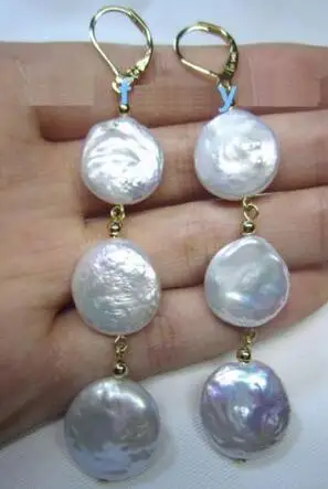 

free shipping>>>>noble jewelry NEW HUGE 14-13MM WHITE DANGLE PEARL EARRING 14K/20 YELLOW GOLD hook