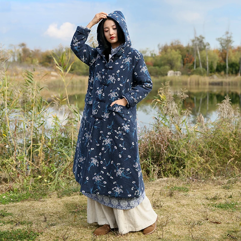 

Vintage Frog Buttons With Hood Floral Print Long Wadded Cotton Parka, Winter Thick Warm Classic Womens Hooded Outerwear Coats