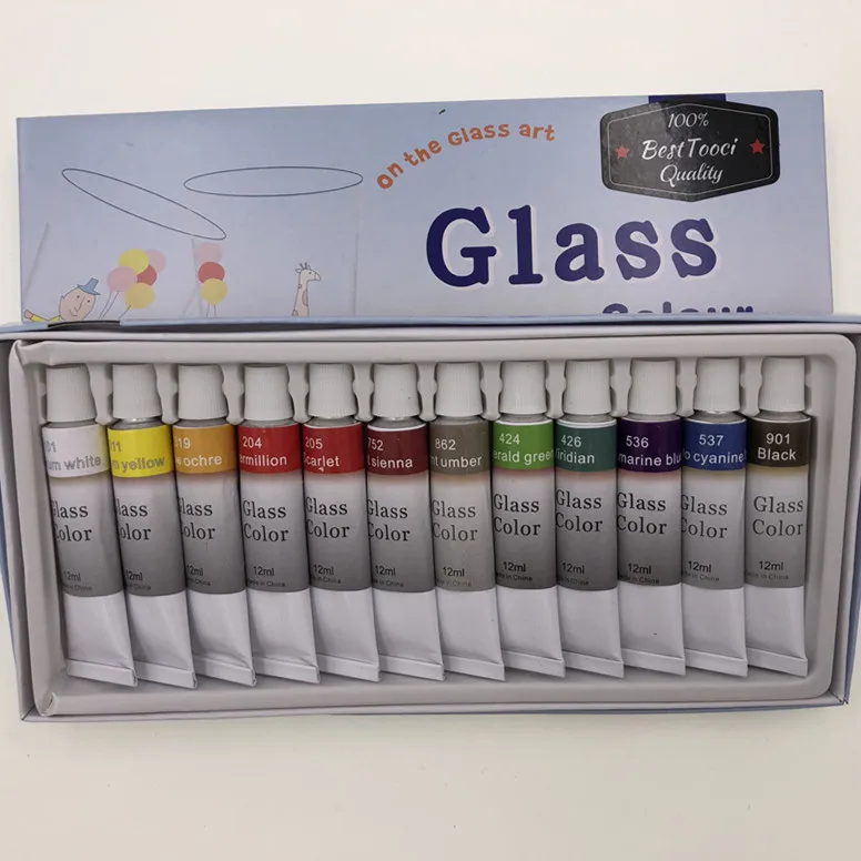 12 24 Colors Stain Glass Paint Set with 6 Nylon Brushes, 1 Palette