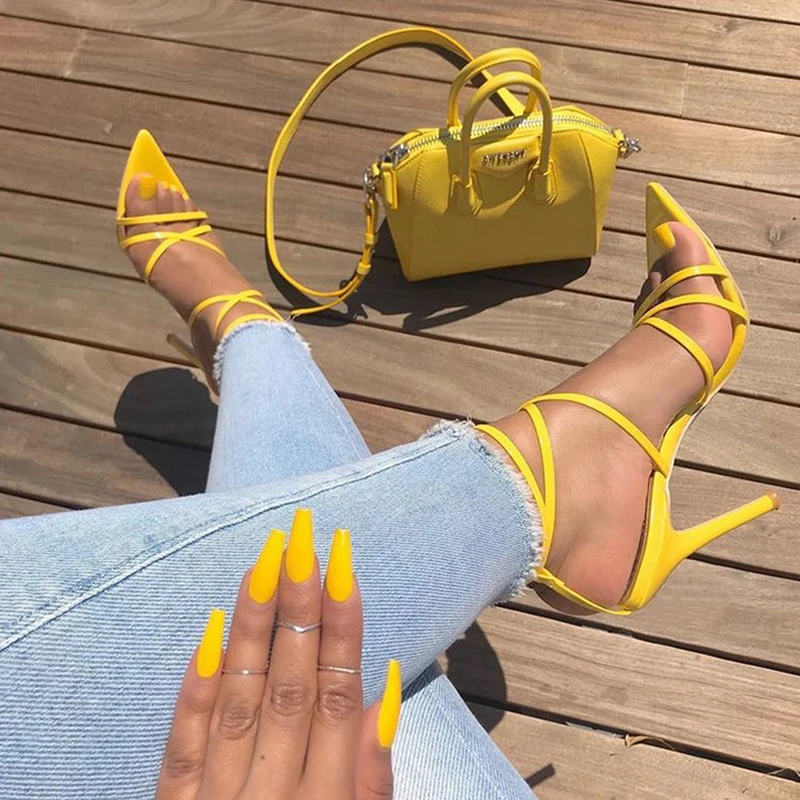 

Women Heeled Sandals Bandage Ankle Strap Pumps Super High Heels 11.5 CM Thin Heels Lady Shoes Party Sandals
