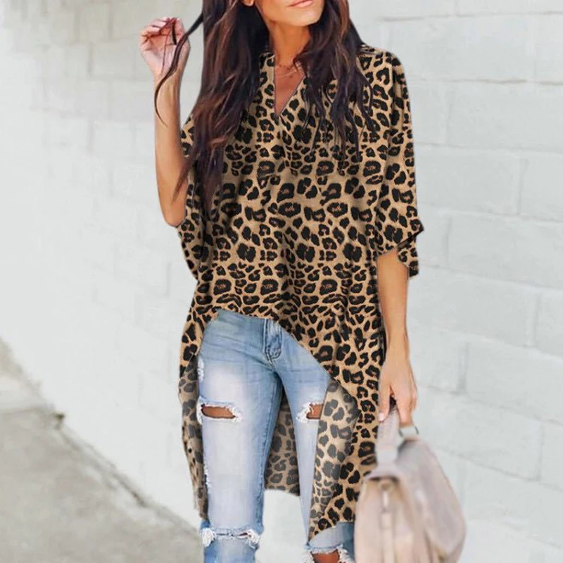 

2019 New Ladies Sexy V-Neck Irregular Loose Blouse Raglan Sleeve Leopard Plus Size Tops