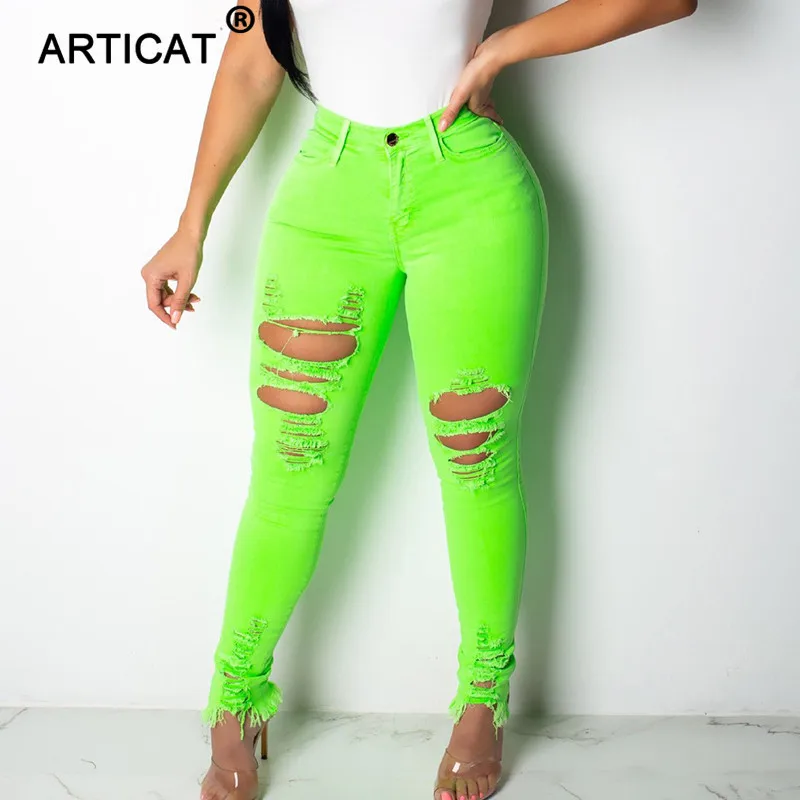 

Articat Neon Green High Waist Sexy Demin Pants Women Holes Skinny Summer Pencil Pants Casual Trousers Women Jeans 2019 Plus Size